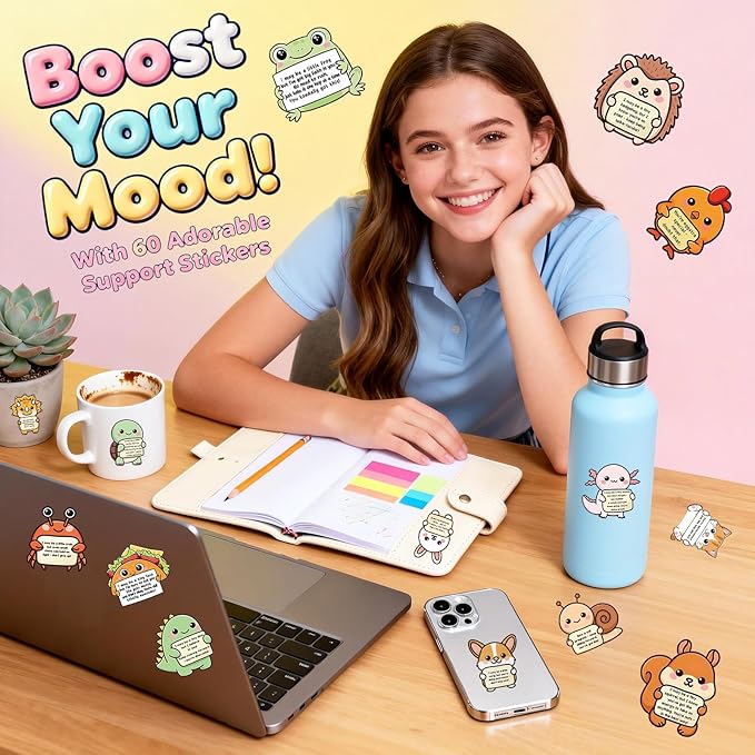 120pcs Emotional Support Animal Stickers, Cute Affirmation Sticker Pack for Adults, Kids & Teens, Waterproof Vinyl Inspirational Decals for Water Bottles, Laptops, Journals, Phones