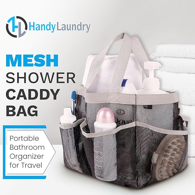 Handy Laundry Mesh Shower Caddy - 7 Pocket Portable Bathroom Organizer Tote for Travel, Gym & Dorm - Collapsible Small Shower Caddy Bag to Hold Toiletries & Essentials (Black)