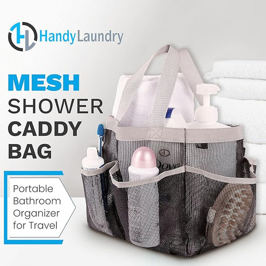 Handy Laundry Mesh Shower Caddy - 7 Pocket Portable Bathroom Organizer Tote for Travel, Gym & Dorm - Collapsible Small Shower Caddy Bag to Hold Toiletries & Essentials (Black)