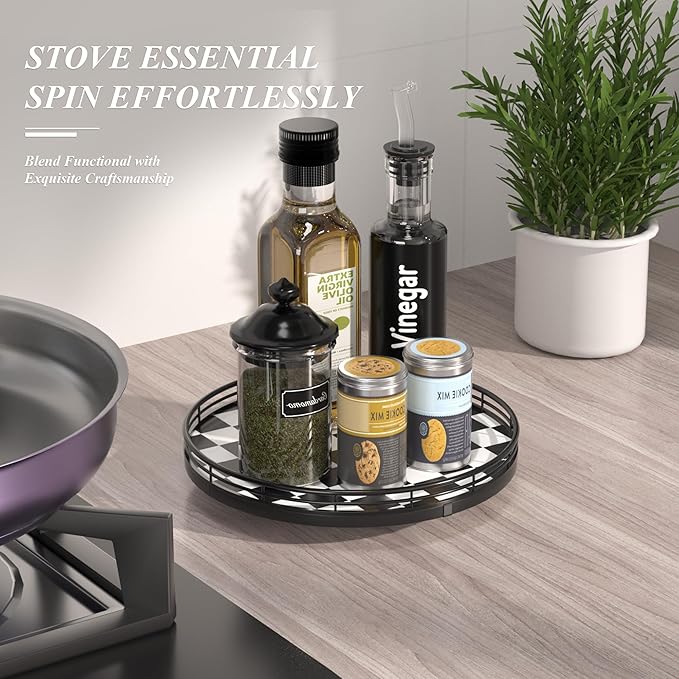 Black and White Kitchen Lazy Susan Turntable – Checkered Round Decorative Tray, 10” Table Top Oak Wood Lazy Susan for Cookies, Dining Table Organizer, Small Kitchen Table Centerpiece