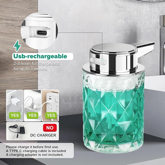 Automatic Soap Dispenser Liquid for Kitchen: 8 OZ Glass Touchless Clear Auto Soap Dispenser for Bathroom - Hand Dish Lotion Home Countertop Kids - Family Couple