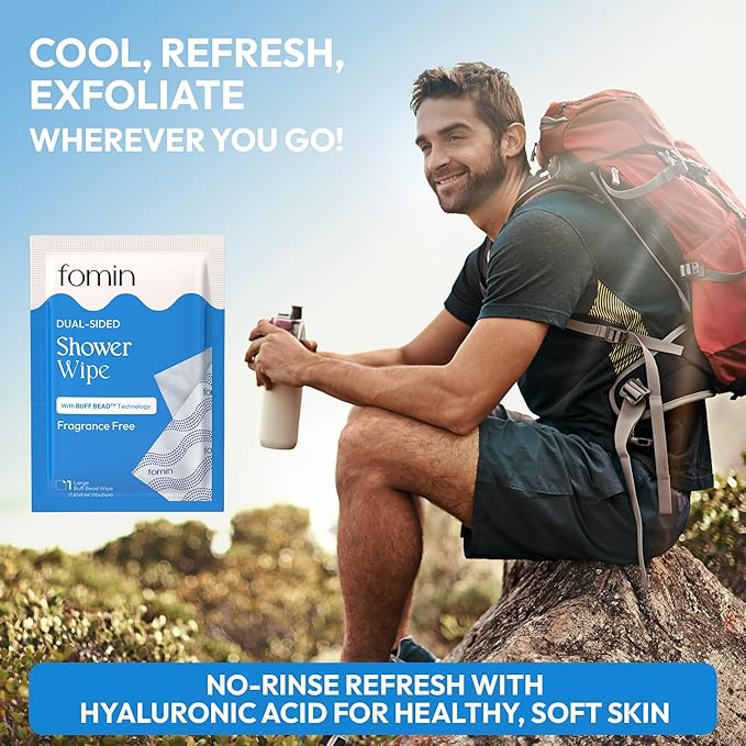FOMIN Travel Shower Wipes - 10 Pack - No Rinse XL Bathing Wipes with Vitamin E - Fragrance-Free Full Body Wipe for Adults - Individually Wrapped Waterless Bath Wipe for Hygiene, Camping, & Gym