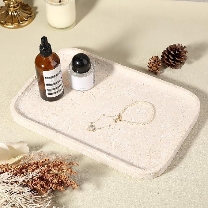 Natural Marble Vanity Tray, 11.8" Marble/Stone Bathroom Tray Countertop, Beige Tray for Decor, Perfume Jewelry Holder, Storage/Organizer for Kitchen Sink
