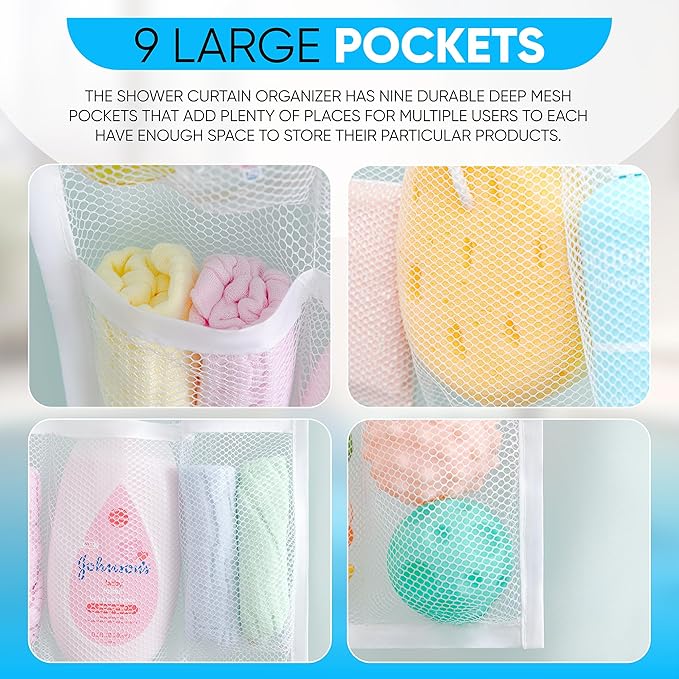 Handy Laundry Hanging Shower Organizer (2-Pack) - 9-Pocket - Mesh Caddy with Deep Storage Pockets for Organizing Bathroom Toiletries and Kids Bath Toys - Hang on Existing Shower Curtain Rings