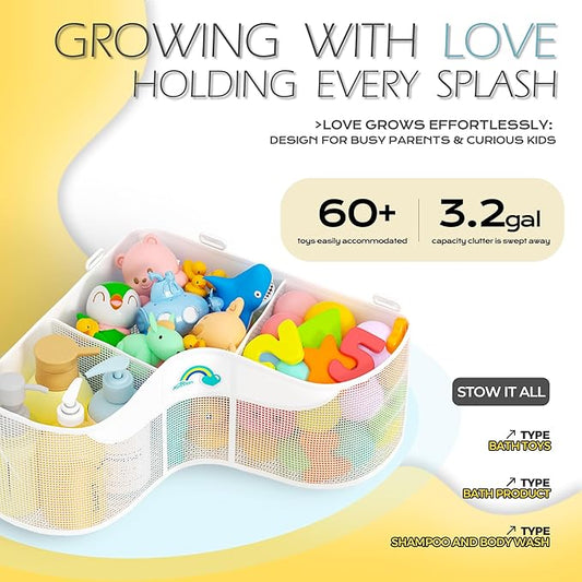 3-Compartment Corner Bath Toy Storage Organizer for Tub - Wide-Opening Mesh Kids Bath Toy Holder with Easy Sorting & Storage, Quick-Drying Machine-Washable Bathroom Organizer for Tidy Bathtub