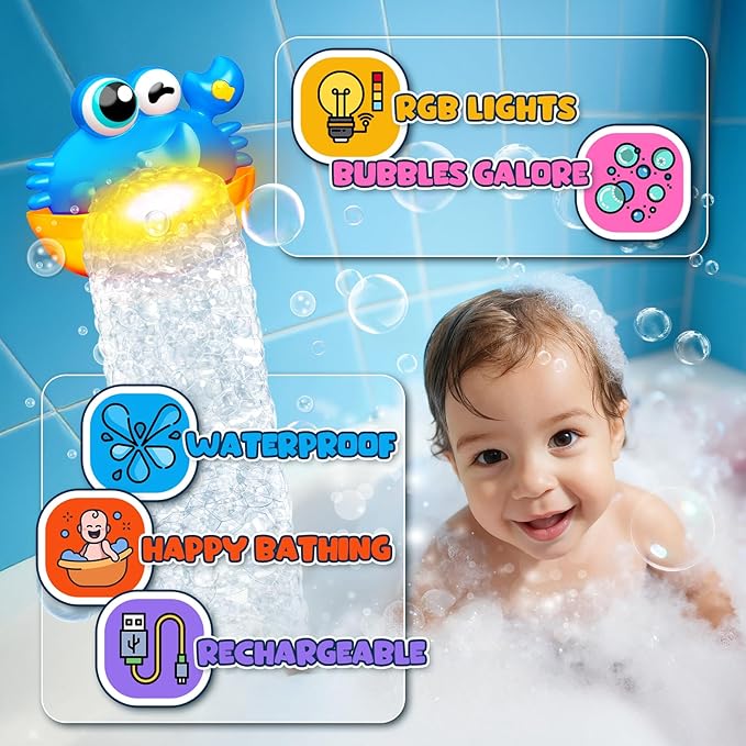 Light Up Crab Bath Bubble Maker Bathroom Toys for Kids Ages 1-3 4-8,Bath Bubble Machine with Colourful Light Toddler Bathub Toy Gifts for Kids