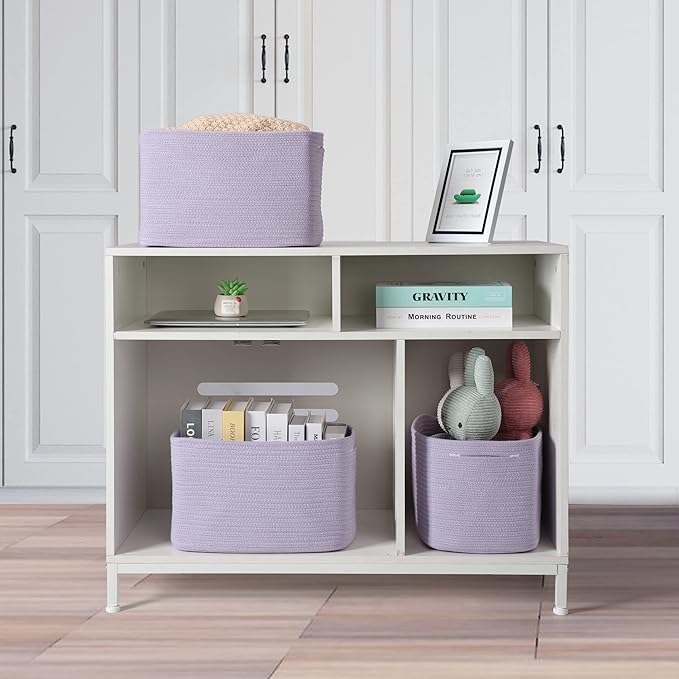Cotton Rope storage Basket Bins Woven Basket for Organizing Shelves 14.5X9.5X9.3" Rectangle Decorative Baskets For storage Clothes Toys Books Towels Nursery basket organizer 3 pack purple or lavender