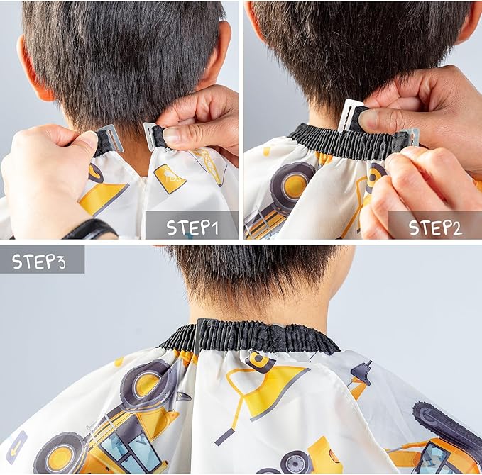 Gealaek Kids Haircut Cape and Neck Duster Brush Set with Construction Site Pattern Kids Barber Cape 55x40 Inches for Boys & Girls Salon Cape Kit (White)