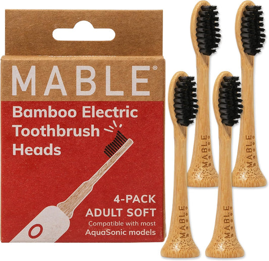 Bamboo Electric Toothbrush Heads | Compatible with Aquasonic Electric Toothbrush | 4 Brush Heads with Soft Bristles | Plant-Based Adult Size Replacement Heads