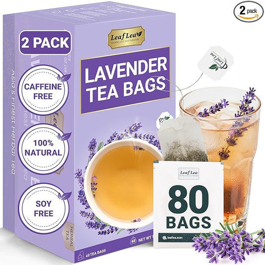 LeafLea 80 Premium Lavender Tea Bags, 100% Natural & Pure from Lavender Flowers, Nighttime Comfort & Digestive Support, Floral Aroma and Smooth Taste, Caffeine-Free, Sugar-Free, Individually Wrapped