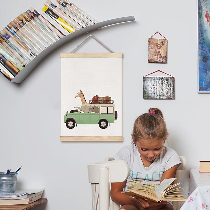 FDHSPAAM Funny Car Animal Nursery Wall Art Decor, Kids Room Decor, Whimsical Giraffe Elephant Rhinoceros Animal Travel Wall Art Posters for Nursery Home Kids Bedroom, 12x16 Inch