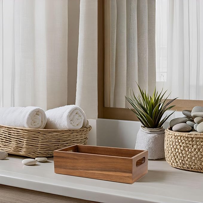 Natural Acacia Hardwood Bathroom Tray with Handles for Organizing Toiletries and Accessories - 12.25L x 6W in on Countertop, Shelf, or Tank Top Storage