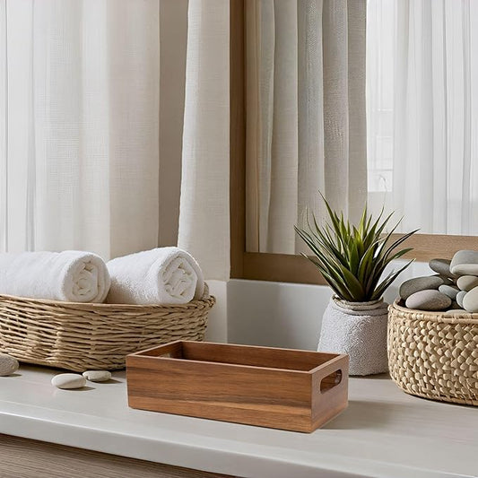 Natural Acacia Hardwood Bathroom Tray with Handles for Organizing Toiletries and Accessories - 12.25L x 6W in on Countertop, Shelf, or Tank Top Storage