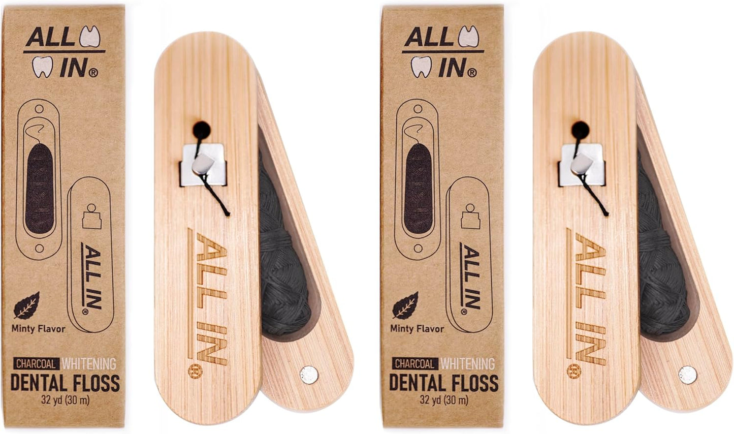ALL IN Waxed Charcoal Floss with a Refillable Dental Floss Holder - Plant Based, No PFAS - Mint Floss for Effective Plaque Removal, Clean Teeth, Fresh Breath - 32 yd (2)