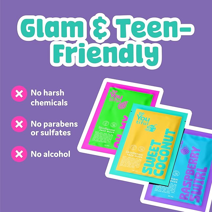 BeYoutiful 10 Face Mask Gift Set for Kids and Teens, 10 Individually Wrapped Hydrating Sheet Masks in a Gifts Box, for Sleepovers, Spa Nights, Soothing, Vegan Skincare Hyaluronic Acid & Vitamin C