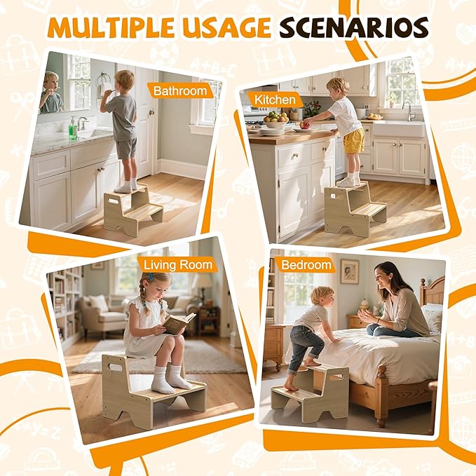 Step Stool for Toddler, Sturdy Wooden 2-Step Stool with Anti-Slip Surface and Pads for Barthroom, Kitchen, Bedroom, Toilet, and Potty Training - 2 Pack