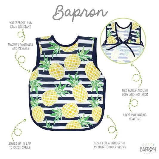 BapronBaby Pineapple Stripes Bapron - No Neck Tie Safer Bib for Baby & Toddler - Soft Waterproof Stain Resistant - Machine Washable - Sz Preschool 3-5yrs