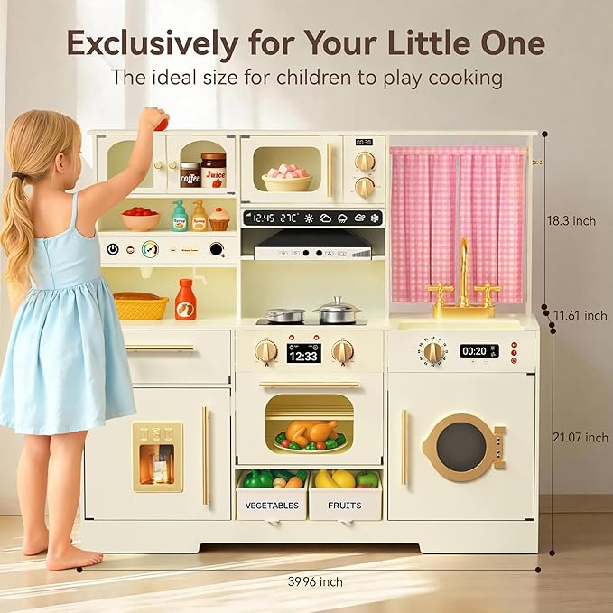 Play Kitchen for Toddlers with Felt Storage Boxes & Range Hook, Wooden Kids Kitchen Playset with Oven, Microwave, Ice Maker, Toy Kitchen Set with Coffee Maker for Girls & Boys Age 3+, Pink Curtains