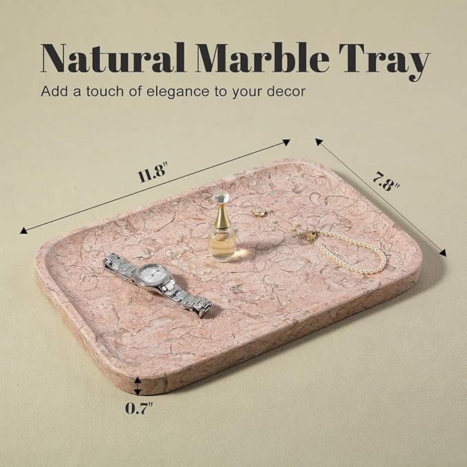Koville Marble Tray, 12"x8" Natural Marble Vanity Tray for Countertop Bathroom Kitchen Dresser, Decorative Catchall Trays for Perfume Jewelry, Rectangular Stone Serving Tray(Pink)