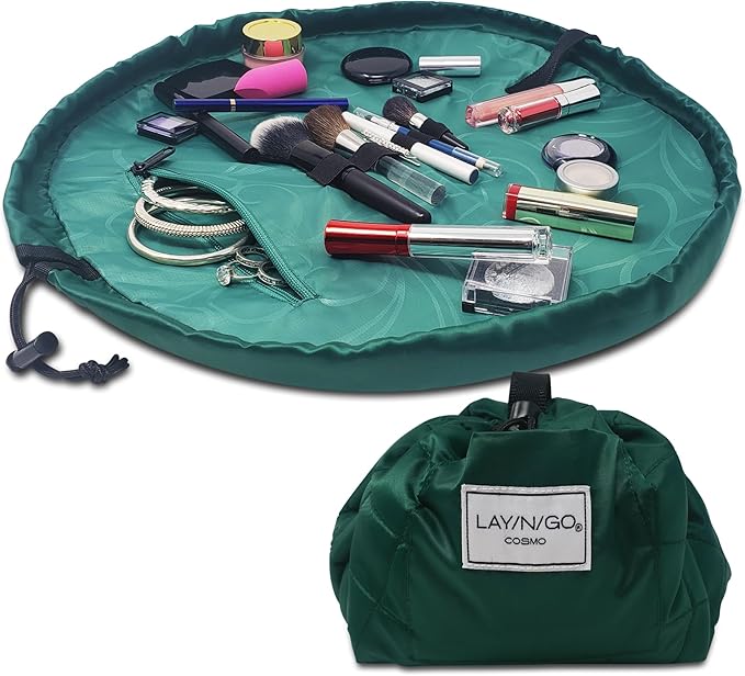 Lay-n-Go Cosmo Lay Flat Drawstring Cosmetic & Makeup Bag Organizer - Zipper Pocket, Brush Loops & More - Durable, Machine Washable Toiletry Carrier for Travel, Cinch Closure, Gift (20", Evergreen)