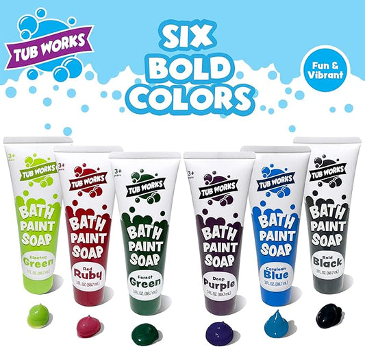 Tub Works® Bath Paint Soap Bath Toy, Bold 6 Pack | Non-Toxic | Washable Bathtub Paint for Finger Painting on Tub Walls | Ideal Toddler Bath Toys for Creative Play | Easy to Clean, Fun Paint Soap