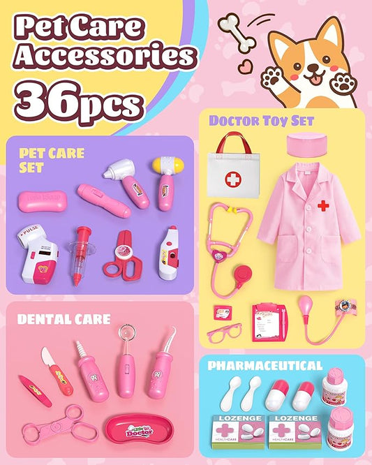 2 Plush Pets Cat & Dog, 36-Piece Vet Doctor Kit for Kids - Toddler Veterinarian Playset with Costume, Doctor and Dental Tools - Educational Pretend Play Toy Gift for Boys & Girls