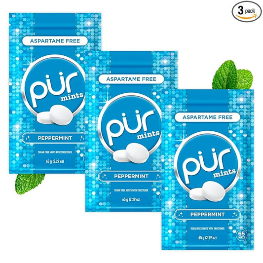 PUR Mints | Aspartame Free Breath Mints | Made with Xylitol | Sugar Free, Vegan, Gluten Free | Natural Peppermint Flavor | 65 Pieces in Re-Sealable pouch (Pack of 3)