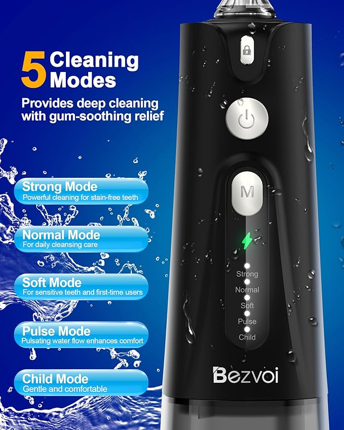 Water Flosser Teeth Pick: 5 Modes Cordless Water Dental Floss 300ML Portable Rechargeable IPX7 Waterproof Electric Water Flossing Cleaning Picks with 6 Jet Tips Oral Irrigator Cleaner, Black
