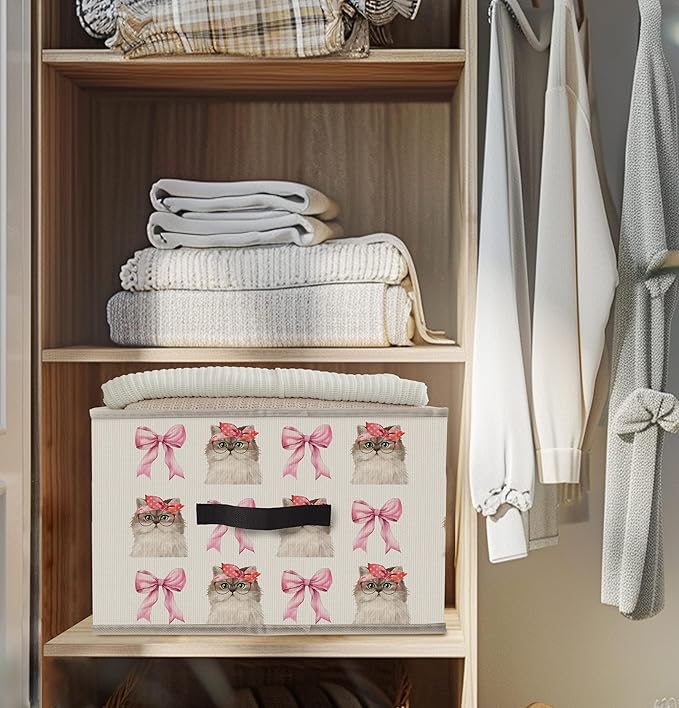 Nogrit Coquette Pink Bow Cat Storage Bins Box, Toybox for Girls, Preppy Cute Cat Kitten Foldable Baskets Organizer Container with Handles for Kids Girls Bedroom Bathroom Clothes Toys Books