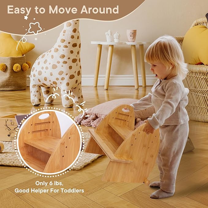 Wooden 2 Step Stool for Kids,Toddler Adjustable Triple Height Step Stool,Bamboo Bird-Shaped Design,300lbs Capacity,Ideal for Bathroom,Kitchen,Bedroom
