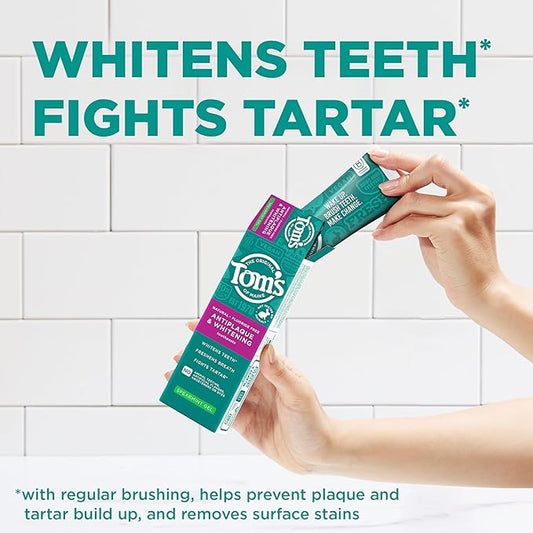 Tom's of Maine Antiplaque and Whitening Fluoride Free Natural Toothpaste Gel, Vegan, Spearmint, 4 Ounces (3 Pack)