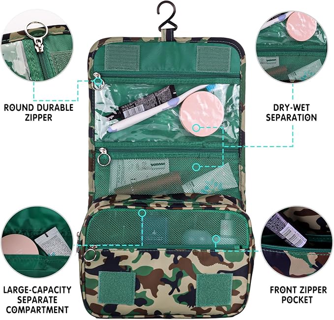 Kids Hanging Toiletry Bag for Boys, Travel Toiletry Bag for Little Young Boys Waterproof Wash Bag Toddler Traveling Toiletries, Dinosaur Camo