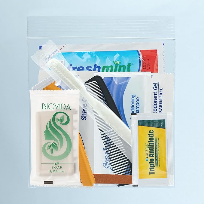 Moda West 96 Kits - Bulk Case of Wholesale Deluxe 11 Piece Toiletry Kit for Men, Women, Travel, Charity, Homeless Shelters, Shampoo, Toothpaste, Razor, Comb, Shaving Cream, Deodorant & More, 96 Packs