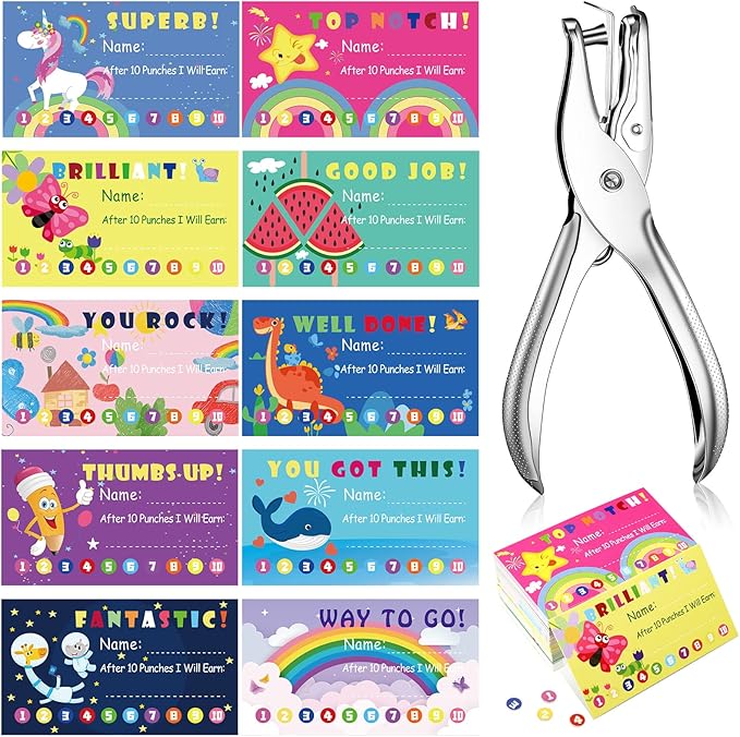 200 Pcs Behavior Punch Cards with Hole Puncher for Kids Incentive Reward Chart Loyalty Card for Classroom Student Teacher Business Kid Award Behavior 3.5 x 2 Inch, 10 Styles(Bright Style)