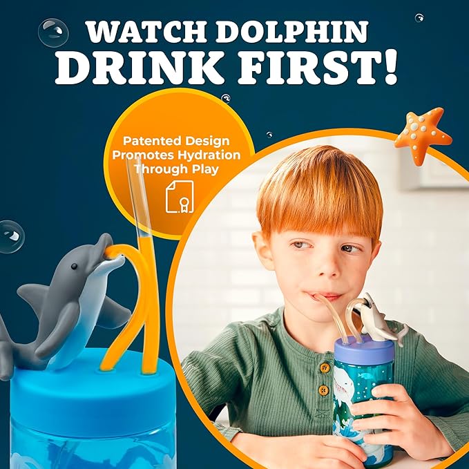 Kids Water Bottle, Toddler Cups, Tumbler with Lid and Straw, Travel Sippy Cup for Water or Milk, Kids Cups with Lids for Toddlers 3 and Up, BPA Free Plastic, 12 oz (Sealife Dolphin)