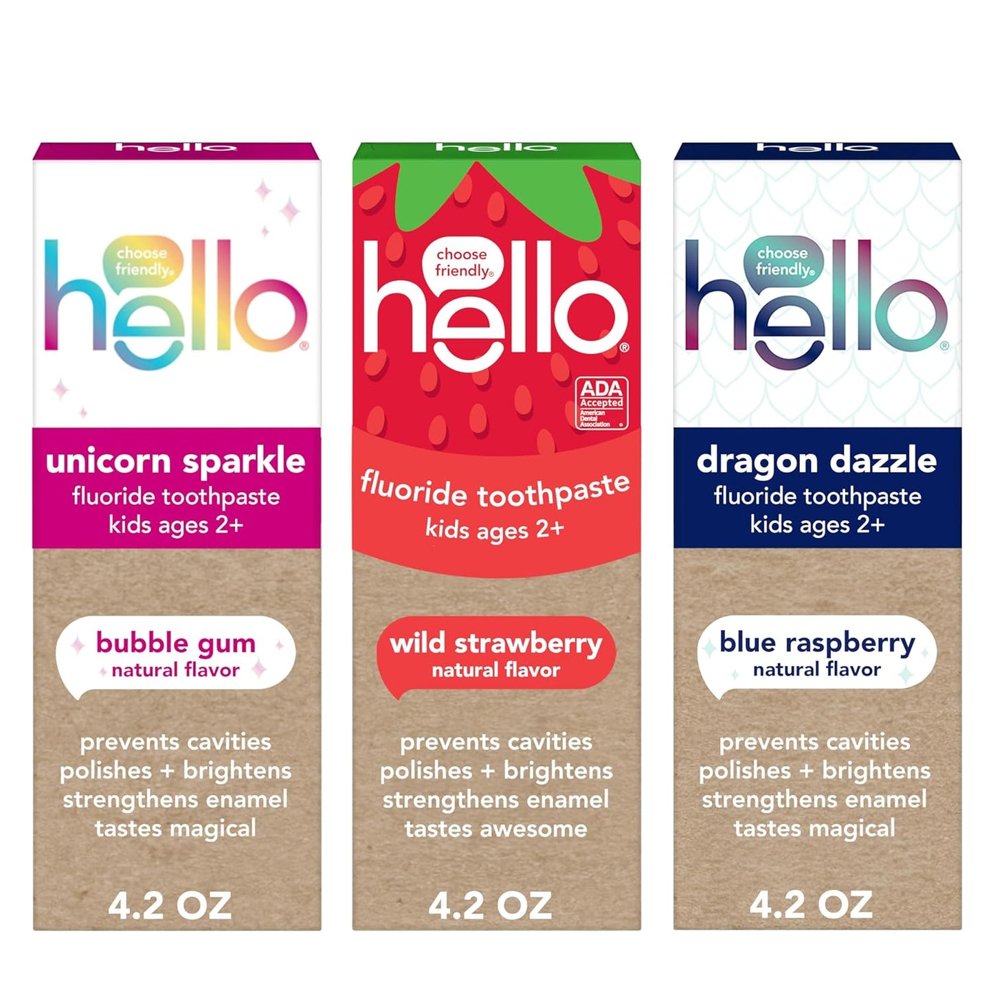 hello Kids Fluoride Toothpaste Variety Pack, Includes a Strawberry, Unicorn Bubble Gum, and Blue Raspberry Toothpaste, Safe for Ages 2 and Up, 3 Pack, 4.2 Oz Each