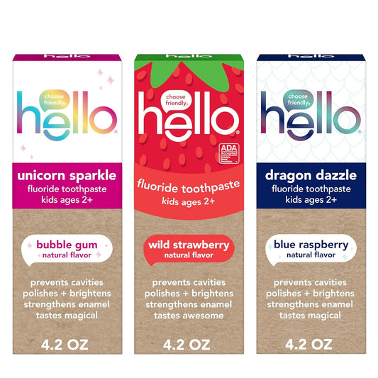 hello Kids Fluoride Toothpaste Variety Pack, Includes a Strawberry, Unicorn Bubble Gum, and Blue Raspberry Toothpaste, Safe for Ages 2 and Up, 3 Pack, 4.2 Oz Each