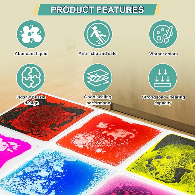 Liquid Sensory Tiles Floor Pads - 6PCS Square Sensory Floor Mats for Kids with Autism