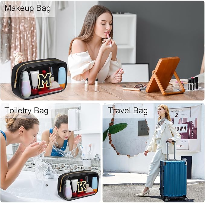 YOOLIFE Initial Travel Essentials Makeup Bag, Skin Care Clear Toiletry Bag Pouch Cosmetic Bag Case Large Makeup Bag Personalized Birthday Gifts for Women Birthday Gifts for Her Wife Black J