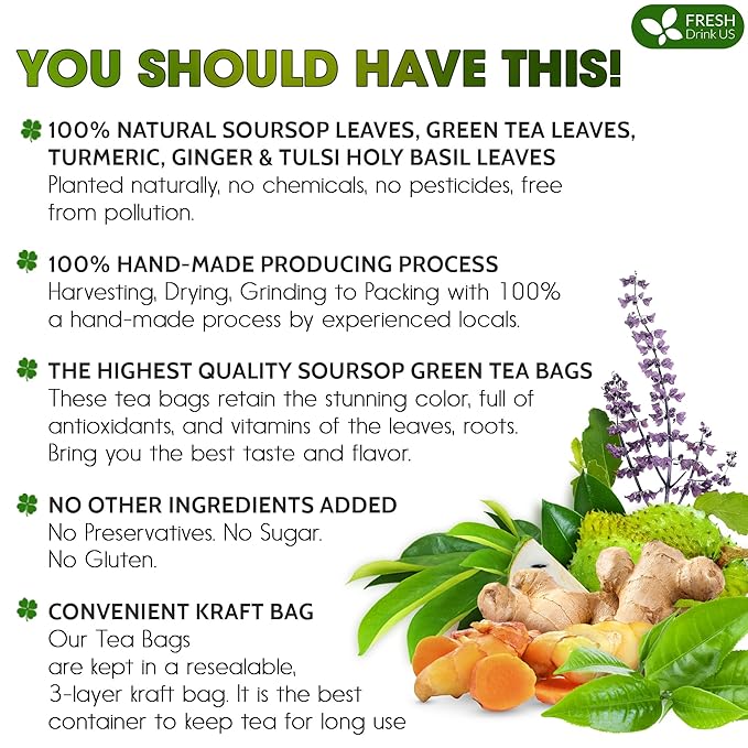 FreshDrinkUS, Premium 40 Tea Bags Soursop Green Tea, 100% Natural & Proprietary Blend from Soursop Leaves and Green Tea. Smooth Flavor. Made with Eco-Conscious Tea Bags. No Additives No Sugar, Vegan.