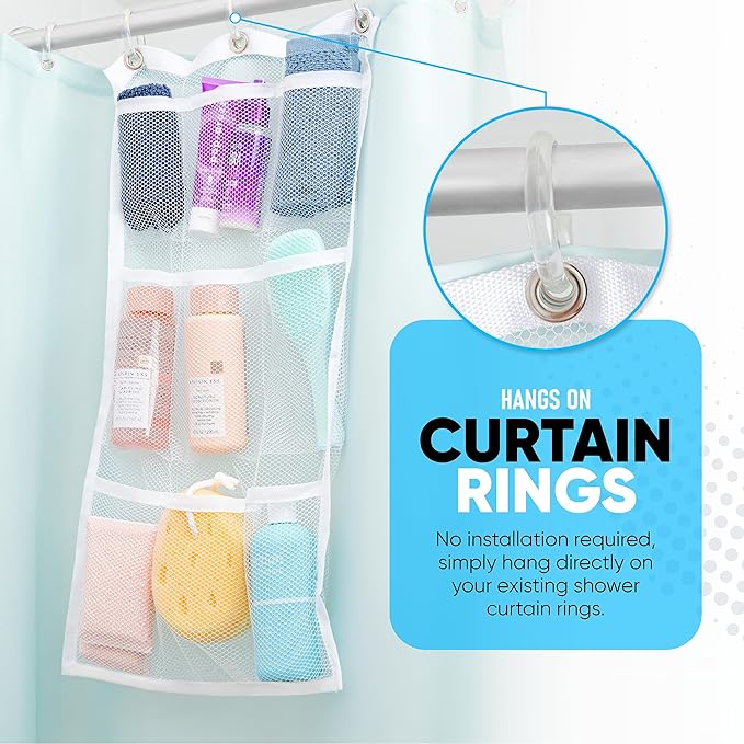 Handy Laundry Hanging Shower Organizer (2-Pack) - 9-Pocket - Mesh Caddy with Deep Storage Pockets for Organizing Bathroom Toiletries and Kids Bath Toys - Hang on Existing Shower Curtain Rings