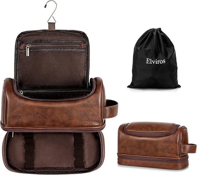 Elviros Toiletry Bag for Mens PU Leather Travel Organizer Kit with Hanging hook, Large Water-resistant Toiletries Bathroom Shaving Bag, Gift For Men (Dark Brown)