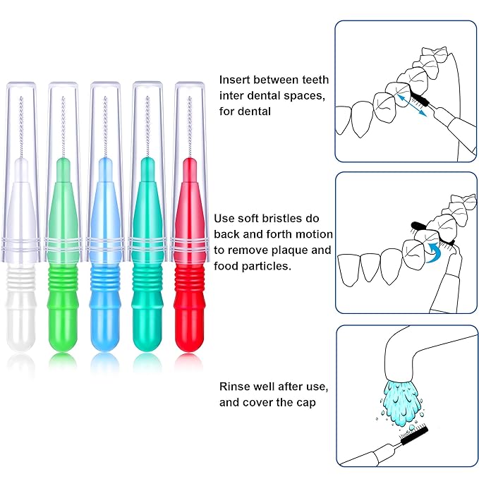 BBTO 100 Pcs Braces Dental Brush Flosser for Cleaner Interdental Brush Toothpick Tooth Flossing Head Oral Dental Toothpick Cleaners Cleaning Tool(Red White Green Light Green, Light Blue)