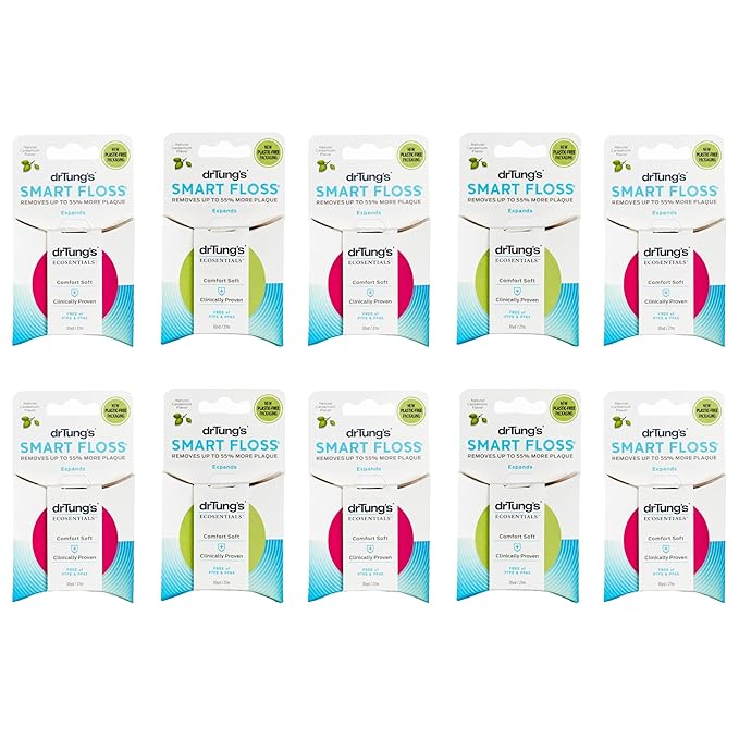 DrTung's Smart Floss - Natural Floss, PTFE & PFAS Free Floss, Gentle on Gums, Expands & Stretches, BPA Free - Cardamom Flavor, Colors Vary (10 Pack)