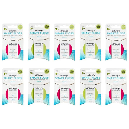 DrTung's Smart Floss - Natural Floss, PTFE & PFAS Free Floss, Gentle on Gums, Expands & Stretches, BPA Free - Cardamom Flavor, Colors Vary (10 Pack)