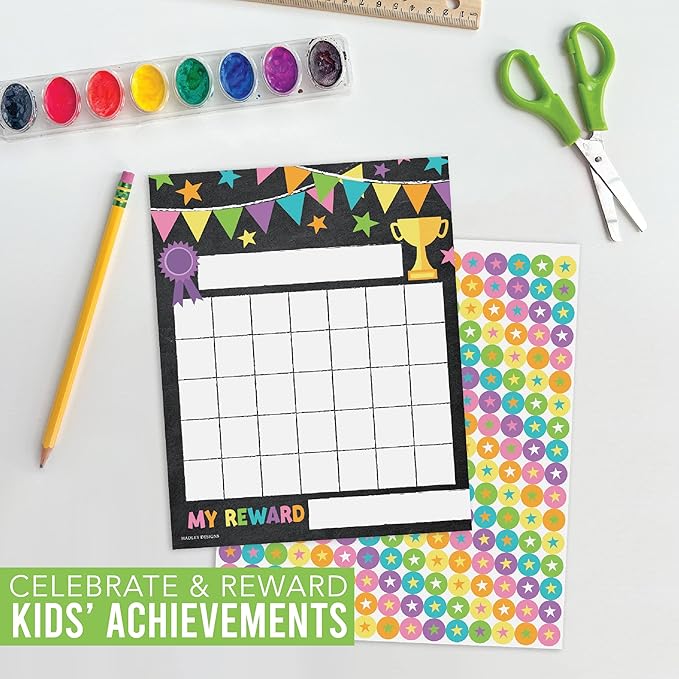 Sticker Chart for Kids Behavior at Home & Classroom - 25 Reward Chart for Kids Incentives, Gold Star Sticker Sheets, Chalkboard Theme Incentive Charts for Classroom Must Haves