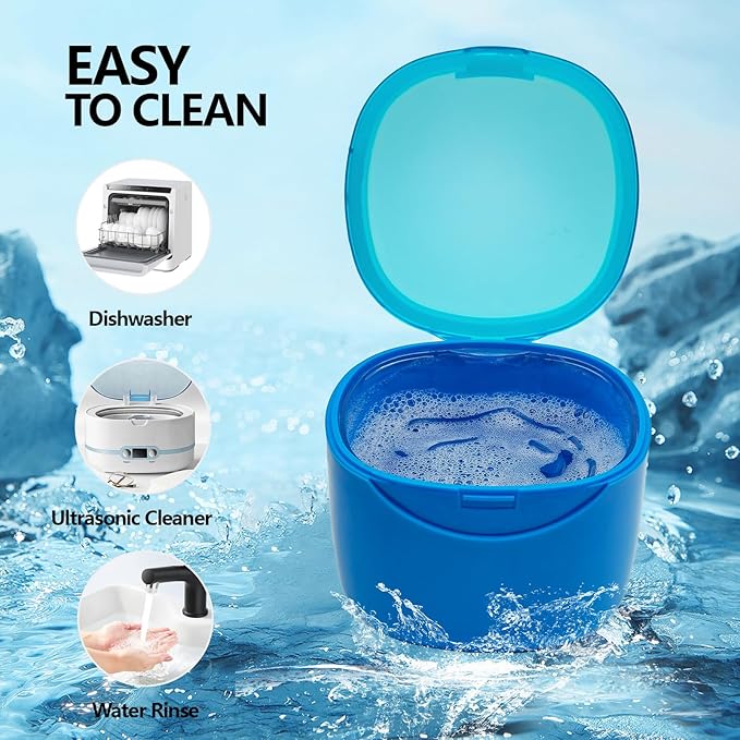 Denture Cleaning Case Dental Retainer Container Soaking Cup with Brush, Denture Storage Bath Box Case Cup Mouthguard Storage Holder Travel - Leak Proof with Lid Waterproof - Blue
