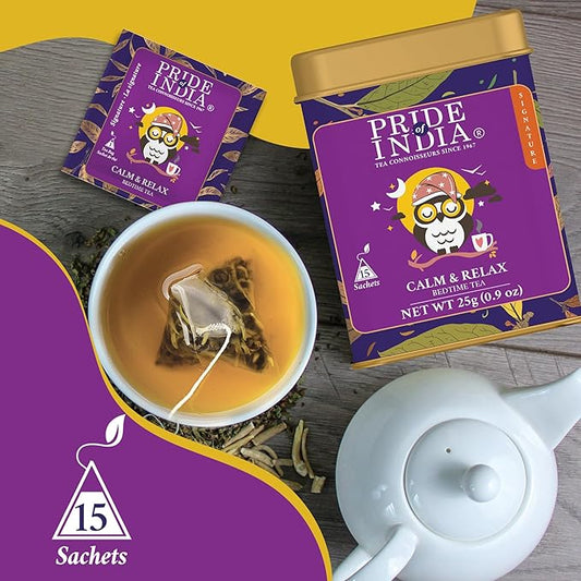 Pride of India | PACK of 6 - Sip and Relax : Bedtime Tea | 15 Pyramid Full Leaf Individually Wrapped Tea Bags| 100% Natural Blend of White Tea & Herbs from Single Origin | Calming and Soothing