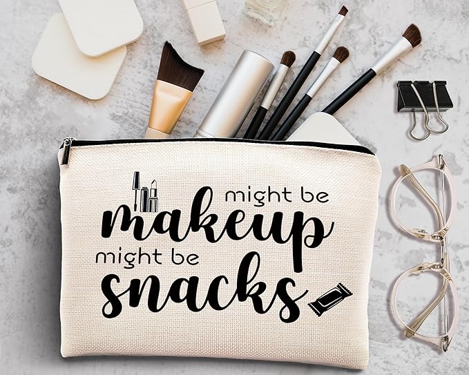 kdqua Novelty Cute Makeup Bag, Funny Quotes Might Be Makeup Might Be Snacks Linen Cosmetic Bag Zipper Pouch Travel Organizer Toiletry Bag, Humor Gift for Woman, Female Friend Birthday Gift Ideas