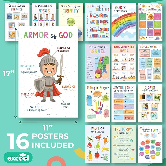 Excool Club Sunday School Decorations For Classroom - 16 Book Of The Bible Posters For Kids, Ten Commandments Fruit Of The Spirit Wall Art, Bible Study Supplies For Christian Classroom Decor (11"x17")